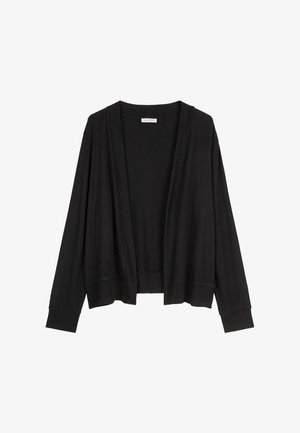 Black open-front cardigan made of soft fabric, featuring ribbed cuffs and hem, with long sleeves and a relaxed fit.