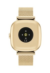 Kwadratowy smartwatch z złotym metalowym korpusem, siatkowym paskiem oraz czujnikiem w kształcie okręgu w kolorze czarnym z tyłu. Widoczny znak CE.