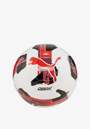 Puma voetbal in wit, zwart en rood; beschikt over hexagonale panelen met grafische accenten en een prominent logo. Ideaal voor wedstrijddesport.