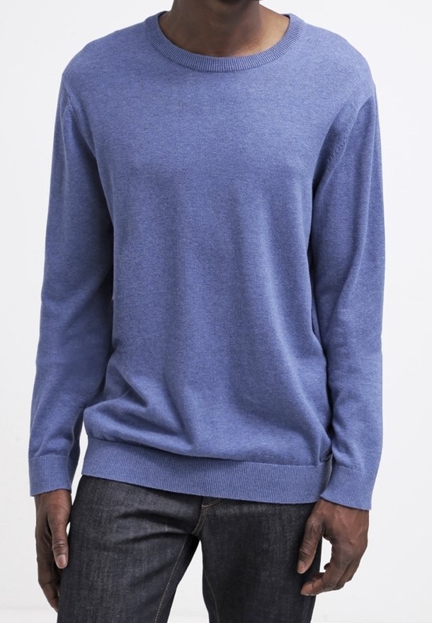 Homme portant un pull à manches longues, col rond, bleu clair et un jean foncé, debout devant un fond blanc uni.