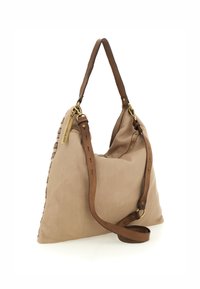 Borsa a spalla in pelle beige con forma triangolare, dettagli marroni, una decorazione laterale intrecciata e tracolla regolabile. Finiture in metallo dorato.
