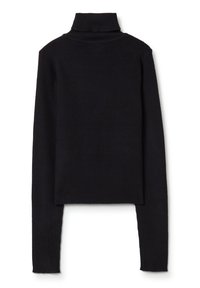 Schwarzer gerippter Rollkragenpullover mit langen Ärmeln, der eine figurbetonte Form und eine weiche Textur aufweist. Keine sichtbaren Muster oder Hardwaredetails.