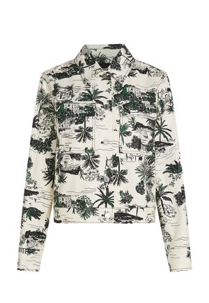 Veste courte en tissu crème avec imprimés tropicaux noirs et verts, dotée d'un col à revers, de deux poches avant et d'une fermeture à boutons.