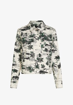 Krém színű anyagból készült rövidített dzseki fekete és zöld trópusi mintákkal, galléros nyakkal, két elülső zsebbel és gombos záródással.
