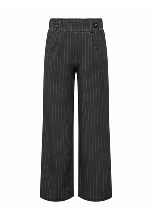 Svarta byxor med smala ränder och vida ben, med två knappar framtill och plisserade detaljer för extra struktur.