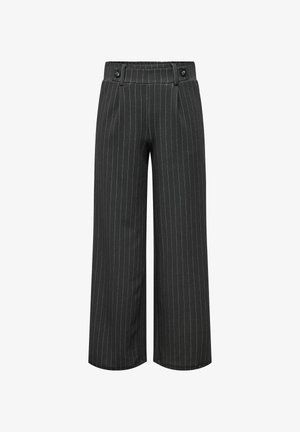 Black pinstriped trousers with a wide-leg design, featuring two front buttons and pleated detailing for added structure.