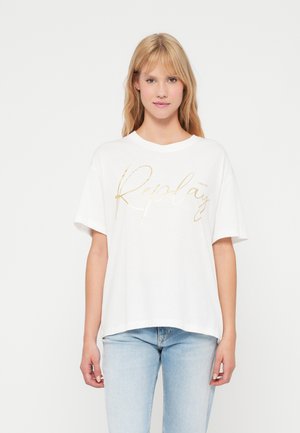 Biały bawełniany T-shirt o luźnym kroju i krótkich rękawach, z nadrukowanym na przodzie złotym logo "Replay". Prosty i casualowy design.