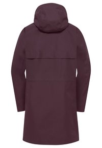 Bordeauxfarbene wasserdichte Jacke mit großer Kapuze, geradem Schnitt und Rückenpasse. Glatte Stofftextur ohne sichtbare Hardware oder Muster.