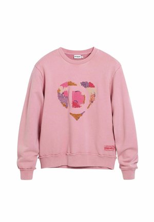 Roze sweatshirt met een ronde hals, met een hartdesign voorzien van meerkleurige geborduurde accenten en een klein label aan de zoom.
