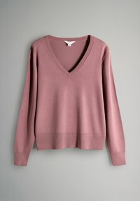 Maglione rosa a scollo a V con maniche lunghe, collo e orlo a costine, texture a maglia piatta, design minimalista, ideale per stratificazione o abbigliamento casual.