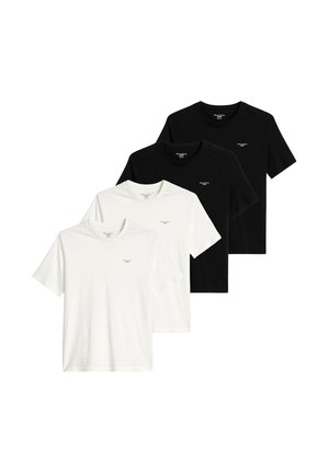 Zwei schwarze und zwei weiße kurze T-Shirts mit Rundhalsausschnitt, abwechselnd in den Farben angeordnet, jeweils mit kleinem Textlogo auf der linken Brust.
