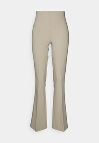 Beige wijde broek met een hoge taille, gemaakt van een gladde stof. Het heeft een minimalistisch ontwerp en geen zichtbare sluitingen of zakken.