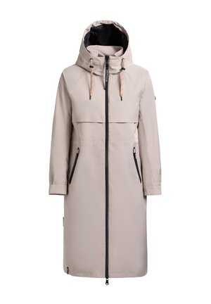 Világosbézs hosszú esőkabát kapucnival, elülső cipzárral, két cipzáras zsebbel és állítható húzózsinórokkal a kapucnin.