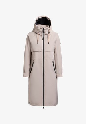 Világosbézs hosszú esőkabát kapucnival, elülső cipzárral, két cipzáras zsebbel és állítható húzózsinórokkal a kapucnin.