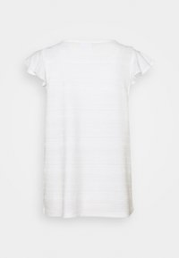 White, short-sleeved top with a subtle textured pattern and ruffled sleeves. Straight cut, round neckline, soft fabric, minimalist design.