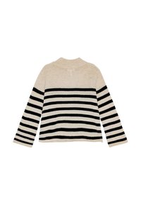 Pletena majica s horizontalnim crno-bijelim prugama, dugim rukavima i okruglim dekolteom. Mekan materijal s opuštenim krojem.