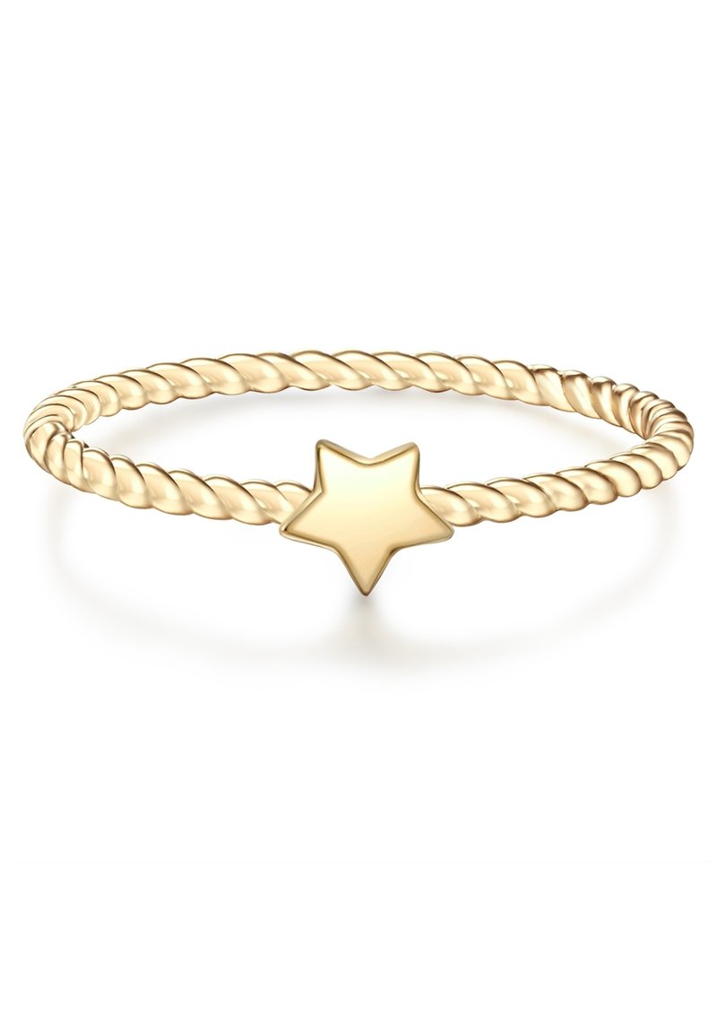 Arany csavart drótgyűrű sima, polírozott csillag akcentussal a közepén. Sima textúra és minimalista dizájn. Ideális egymásra rakásra vagy önálló viseletre.