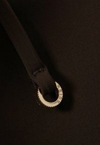 Tessuto scuro con un'asola cucita che tiene un anello metallico lucido inciso con la parola "RESS".