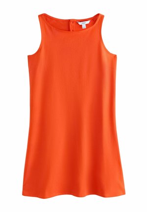 Šaty bez rukávov v jasne oranžovej farbe s okrúhlym výstrihom a zapínaním na zips na chrbte, vyrobené z hladkej látky.