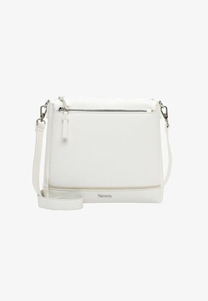Hvid skuldertaske lavet af tekstureret læder, med top-lynlås, justerbar rem og subtil logodetalje på forsiden.