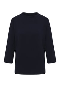 Navyblauwe top met een ronde halslijn en driekwartmouwen. Getextureerde stof met een subtiel patroon, met een losse pasvorm.