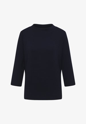 Navyblauwe top met een ronde halslijn en driekwartmouwen. Getextureerde stof met een subtiel patroon, met een losse pasvorm.