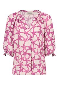 Roze blouse met een sterrenzeesterrenpatroon, voorzien van geplooide schouders en een losse pasvorm. Gemaakt van lichtgewicht stof, met elastische manchetten.