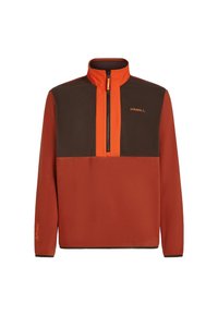 Fleece-Pullover in verbranntem Orange mit braunen Einsätzen, Viertel-Reißverschluss vorne, hohem Kragen und Logodetail. Glatte Textur und lange Ärmel.