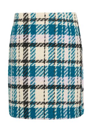 Spódnica mini w tartan w odcieniach niebieskiego, turkusowego i lawendowego z czarnymi akcentami. Wykonana z teksturowanej tkaniny z wzorem w kratę.