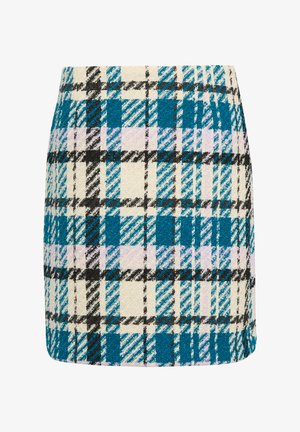 Tartan mini rok in blauw, teal en lavendel met zwarte accenten. Gemaakt van textuurstof met een geruit patroon.