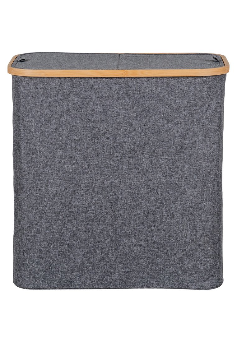 Grijze stoffen opbergmand met een bamboe deksel, rechthoekige vorm, zachte textuur en een eenvoudig ontwerp, geschikt voor het organiseren van spullen.