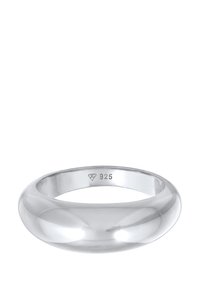 Anello d'argento con un design arrotondato e liscio, caratterizzato da una finitura lucida e timbrato con "925" per autenticità dell'argento sterling.