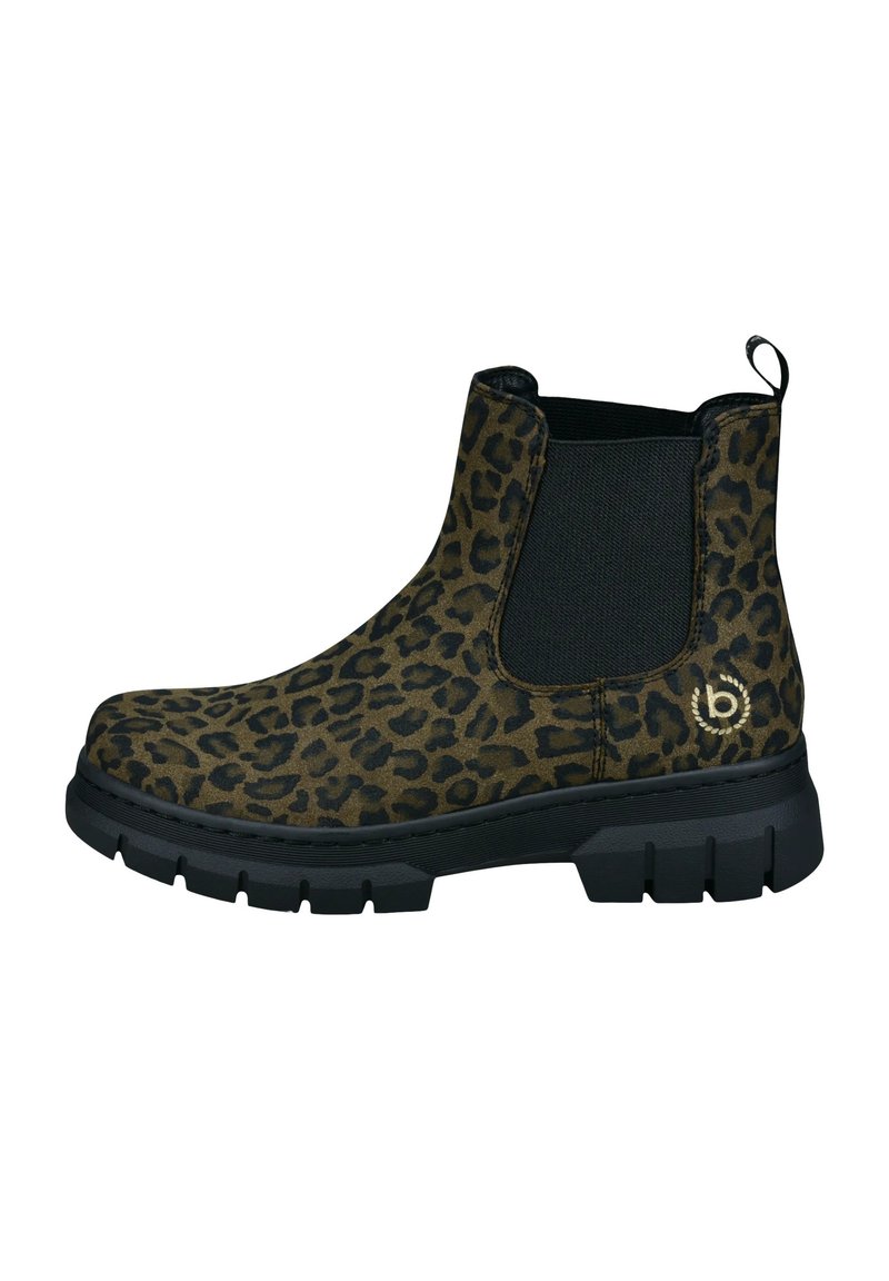 Bottines à imprimé léopard avec un panneau élastique noir sur le côté, une semelle en caoutchouc noir robuste et une languette, présentant un design à bout rond.