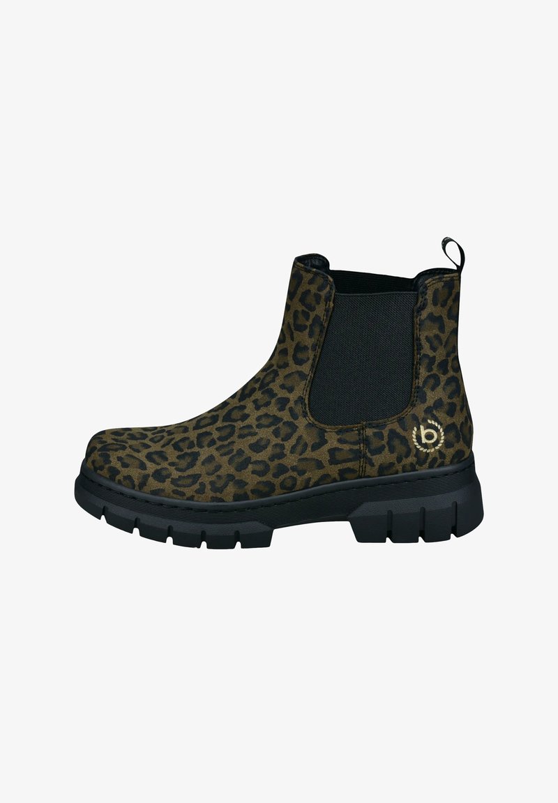 Bottines à imprimé léopard avec un panneau élastique noir sur le côté, une semelle en caoutchouc noir robuste et une languette, présentant un design à bout rond.