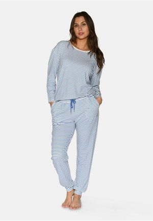 T-shirt à manches longues rayé en bleu clair et blanc, associé à un pantalon assorti avec une taille élastique et un cordon de serrage, en matériau coton doux.