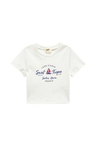 Camiseta de algodón blanca de manga corta, con un gráfico en azul marino de un velero y texto: "COTE D'AZUR Saint Tropez YACHT CLUB Puerto del Marinero FRANCIA."