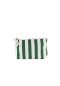 Pochette in tela a righe verdi e bianche con chiusura a zip e anello laterale. Tessuto texturizzato. Forma rettangolare. Design compatto.