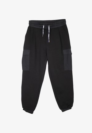 Pantalon de jogging noir avec taille et poignets élastiques, poches cargo latérales et cordons étiquetés "LES HOMMES".