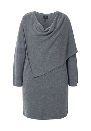 Abito maglione grigio in maglia con collo a cowl e design asimmetrico a strati, maniche lunghe e orlo che arriva sopra il ginocchio.