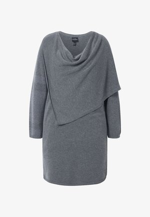 Graues Strickkleid mit Kapuzenkragen und asymmetrischem Schichtdesign, langen Ärmeln und einem Saum, der oberhalb des Knies endet.