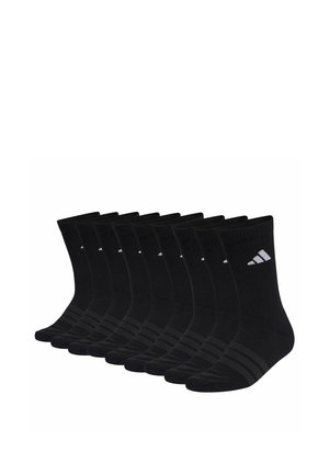 Ten pairs of black crew socks with a small white logo on the side and two dark stripes near the toes, arranged in a row.