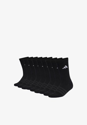 Ten pairs of black crew socks with a small white logo on the side and two dark stripes near the toes, arranged in a row.