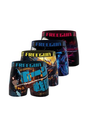 Quatre paires de boxers avec des graphismes de style anime et des ceintures de taille marquées "FREEGUN" dans des couleurs variées et des designs futuristes.