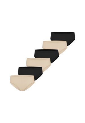 Seks par dametrusser i skiftevis sort og beige farver arrangeret diagonalt på en hvid baggrund.