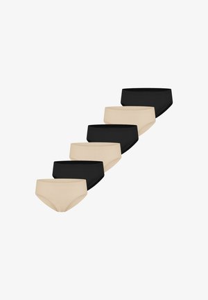 Six paires de culottes pour femmes en alternance de couleurs noir et beige, arrangées en diagonale sur un fond blanc.