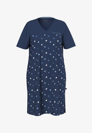 Robe bleu marine avec un décolleté en V, des manches courtes et des motifs floraux dispersés en blanc et en nuances de bleu. Fentes sur les côtés pour plus de confort dans le mouvement.