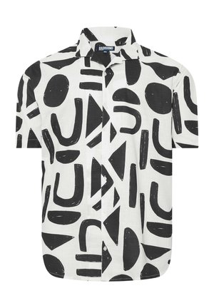 Weißes kurzärmliges Hemd mit Knöpfen, schwarzen abstrakten geometrischen Formen und einem weit gespreizten Kragen, Größe 4XL, Markenetikett sichtbar.