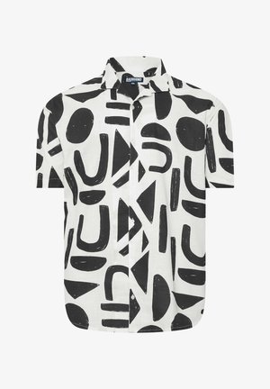 Weißes kurzärmliges Hemd mit Knöpfen, schwarzen abstrakten geometrischen Formen und einem weit gespreizten Kragen, Größe 4XL, Markenetikett sichtbar.