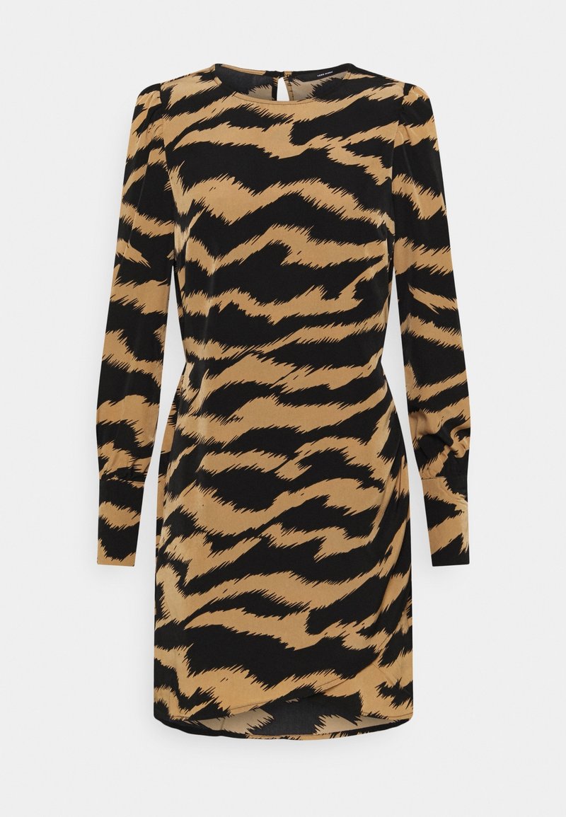 Robe ajustée à manches longues avec motif rayures de tigre marron et noir, encolure ronde et détail froncé à la taille.
