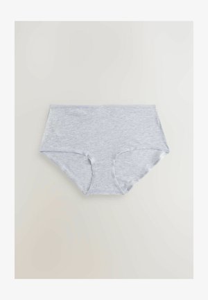 Culottes en coton gris à taille haute, avec une texture lisse et une ceinture élastique, finies par un ourlet simple et sans motifs.